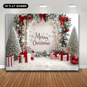 1PC White 2D Flat Merry Christmas Banner - Candy Canes, Silver Snow Arch, Christmas Tree Prints, Wrinkle-Resistant, Easy to Hang - Ideal for Living Room, Outdoor Decor, Photography Studio Backdrop