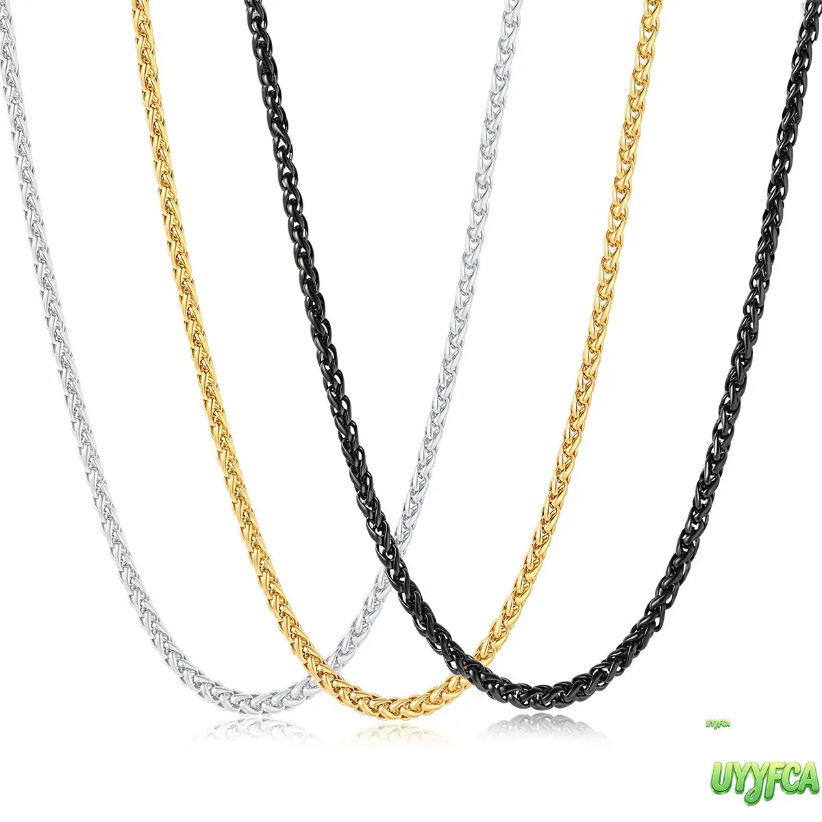 3pcs Plated Stainless Steel Necklace Set, 2.2mm Male Rope Chains in Gold, Silver & Black, 23.6 Inch Fixed Length, Comfortable & Hypoallergenic, Daily Wear, Wheat Chain, Lobster Clasp, Birthday, Black Plated, Unisex, Metal Coating, No, All Seasons