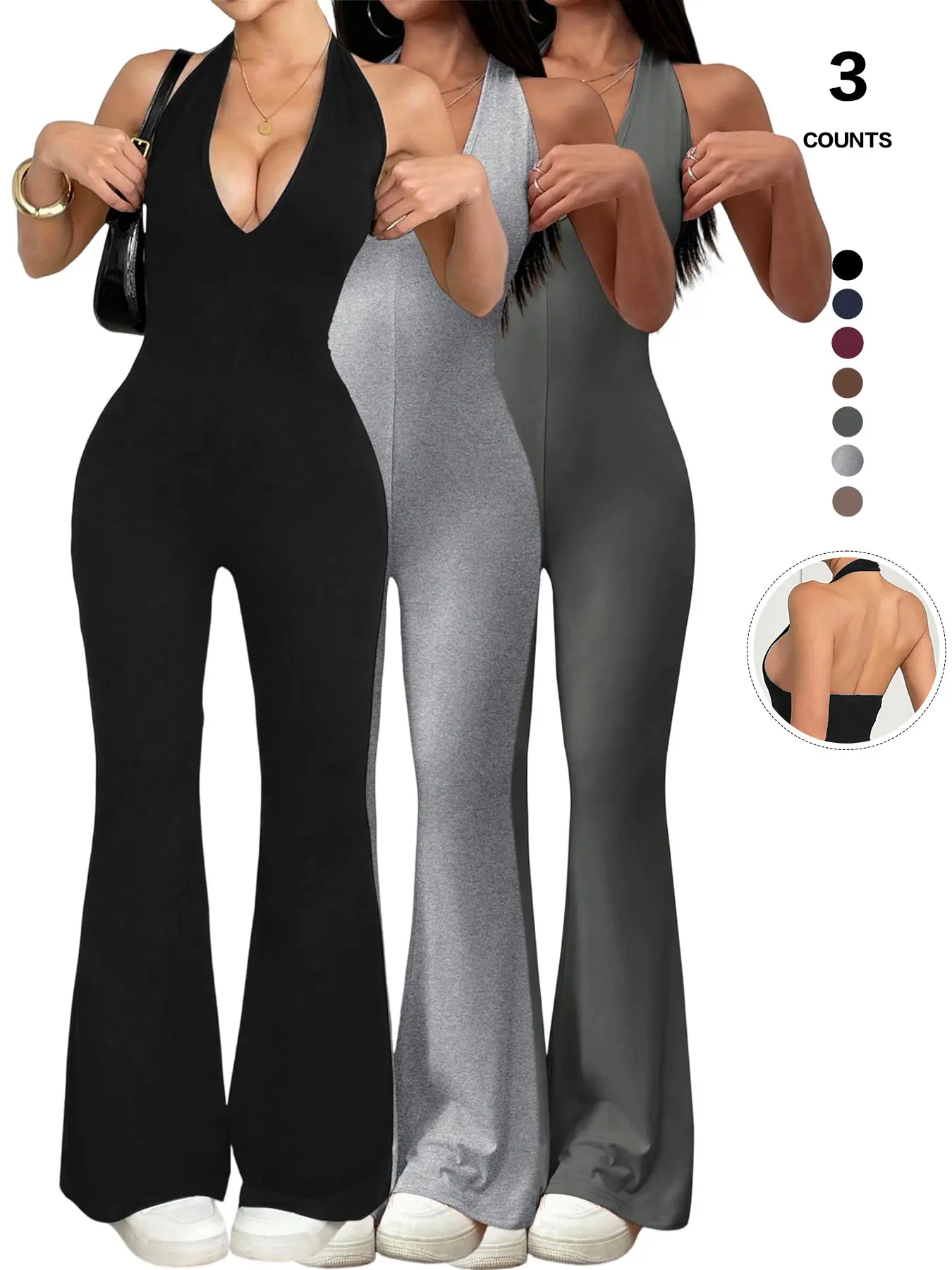 Women Sexy Chic Halter Deep V Neck Bodycon Party Club Jumpsuit, Sleeveless One Piece Romper, Fitted Style, Everyday All Seasons Fashion