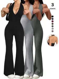 Women Sexy Chic Halter Deep V Neck Bodycon Jumpsuit, Sleeveless One Piece Romper, Fitted Style, Everyday All Seasons Fashion Womenswear
