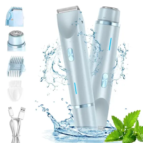 Bikini Trimmer for Women, Electric Shaver and Razor Rechargeable 2-in-1 Bodyand Facial Hair Removal Double Head forPainless Trimming of Pubic Face UnderarmLegs,IPX7 Waterproof, pink, USB Rechargeable Trimmer