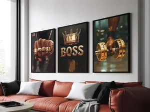 Bossy Wall Art Set of 3, Motivational Gym Poster, Gold Crown Print, Black Man Print  ,No Frame