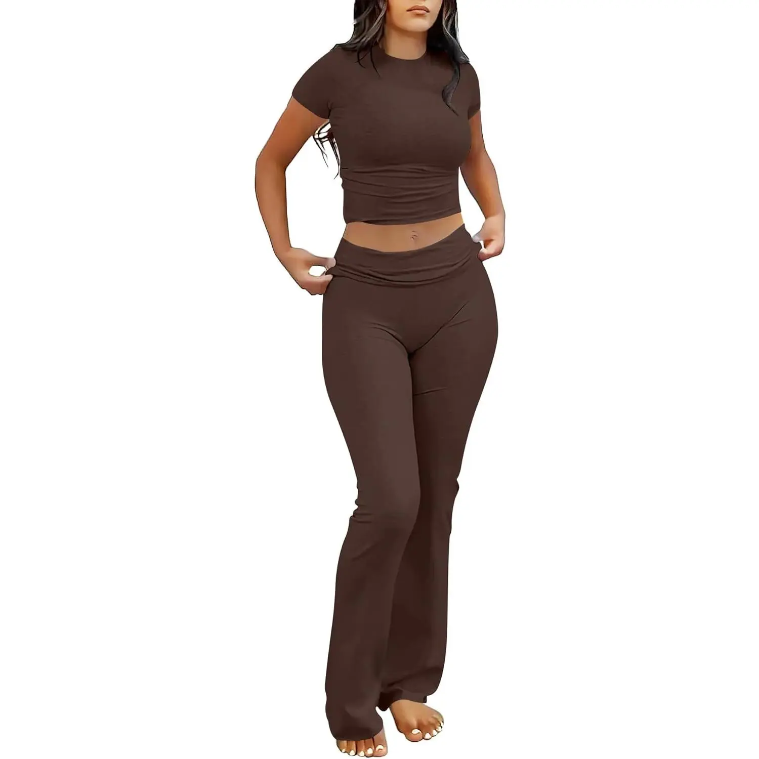 Lounge Sets for Women 2 Piece Foldover Yoga Flare Leggings Pants Crop Tops Casual Y2K Outfits Matching Tracksuit Set