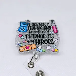 Pharmacy Technicians Because Even Pharmacists Need Heroes Glitter Acrylic Retractable Badge ID Reel Belt or Alligator Clip for Pharmacy Techs id badge Cute retractable clip