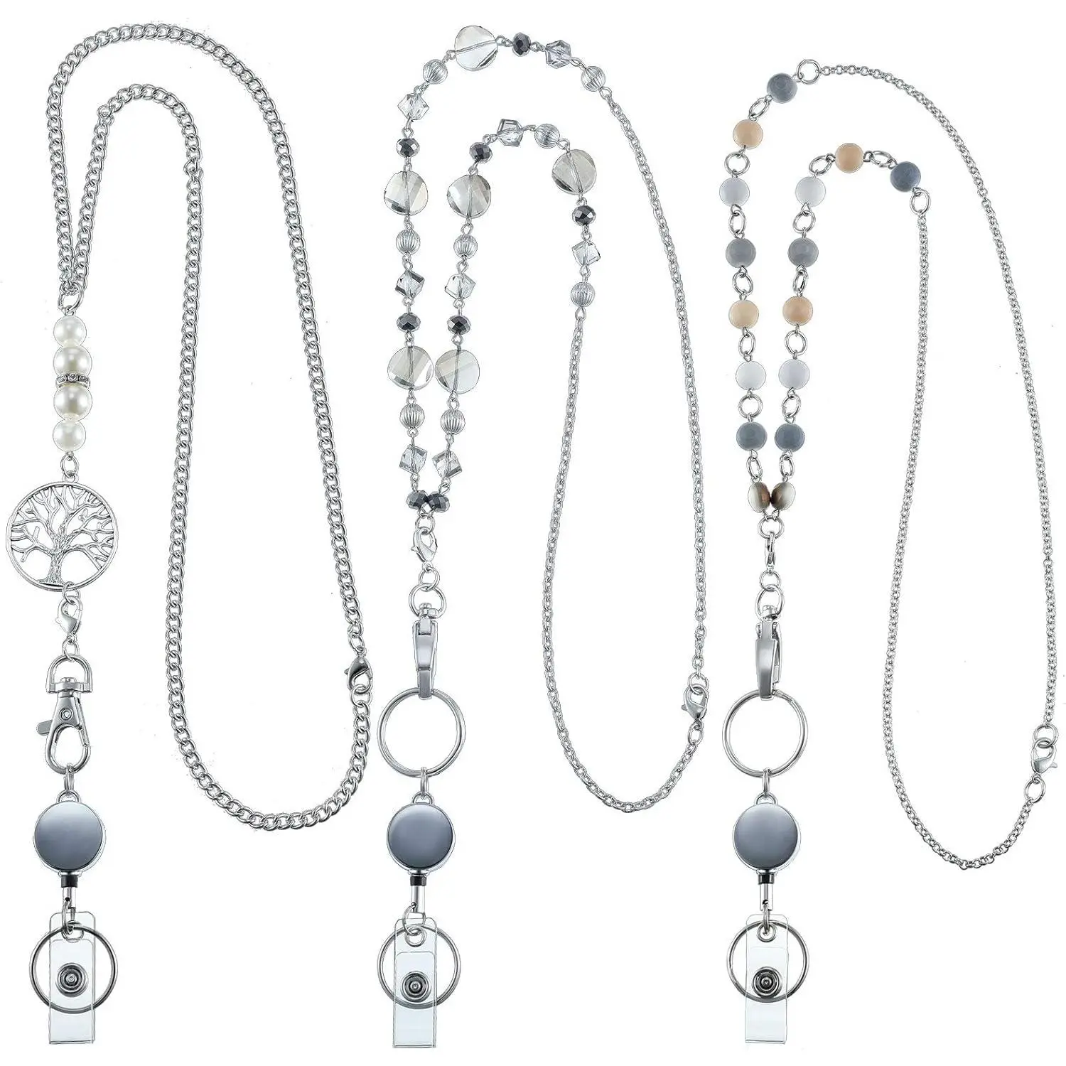 BYH18  3 Pcs ID Badge Lanyard Necklace with ID Holder Clip Stainless Steel Beaded Chain Retractable Badge Reel Valentine (Chic Style)