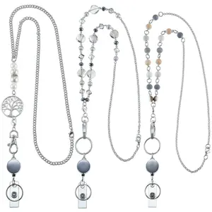 BYH18  3 Pcs ID Badge Lanyard Necklace with ID Holder Clip Stainless Steel Beaded Chain Retractable Badge Reel Valentine (Chic Style)