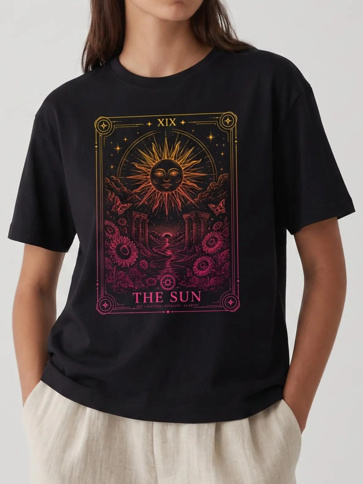Carpesun Vintage Tarot Card Graphic T-Shirt, 10 Styles Major Arcana Witchy Tee, Single Side Print Unisex Casual Short Sleeve Top, The Sun Tarot Card Graphic Tee,Dark Occult Astrology Mystic Goth Aesthetic Streetwear Shirt For Men Women outfits