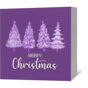 Merry Christmas Tree Wood Box Sign Desk Decor, Purple Christmas Decorations, Purple Xmas Tree Holiday Wooden Block Box Sign Decoration for Home Office Shelf Table Decor 5x5inch