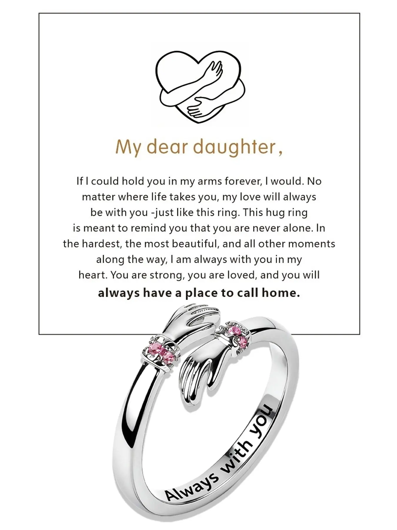 Stainless Steel Hug Ring, Elegant Ring, Heart Design Ring, Adjustable Gift for Granddaughter/daughter, Hope Ring, Birthday/xmas Present, Anti-Fade Jewelry, No Tarnishing, Her Gift, Adjustable Rings