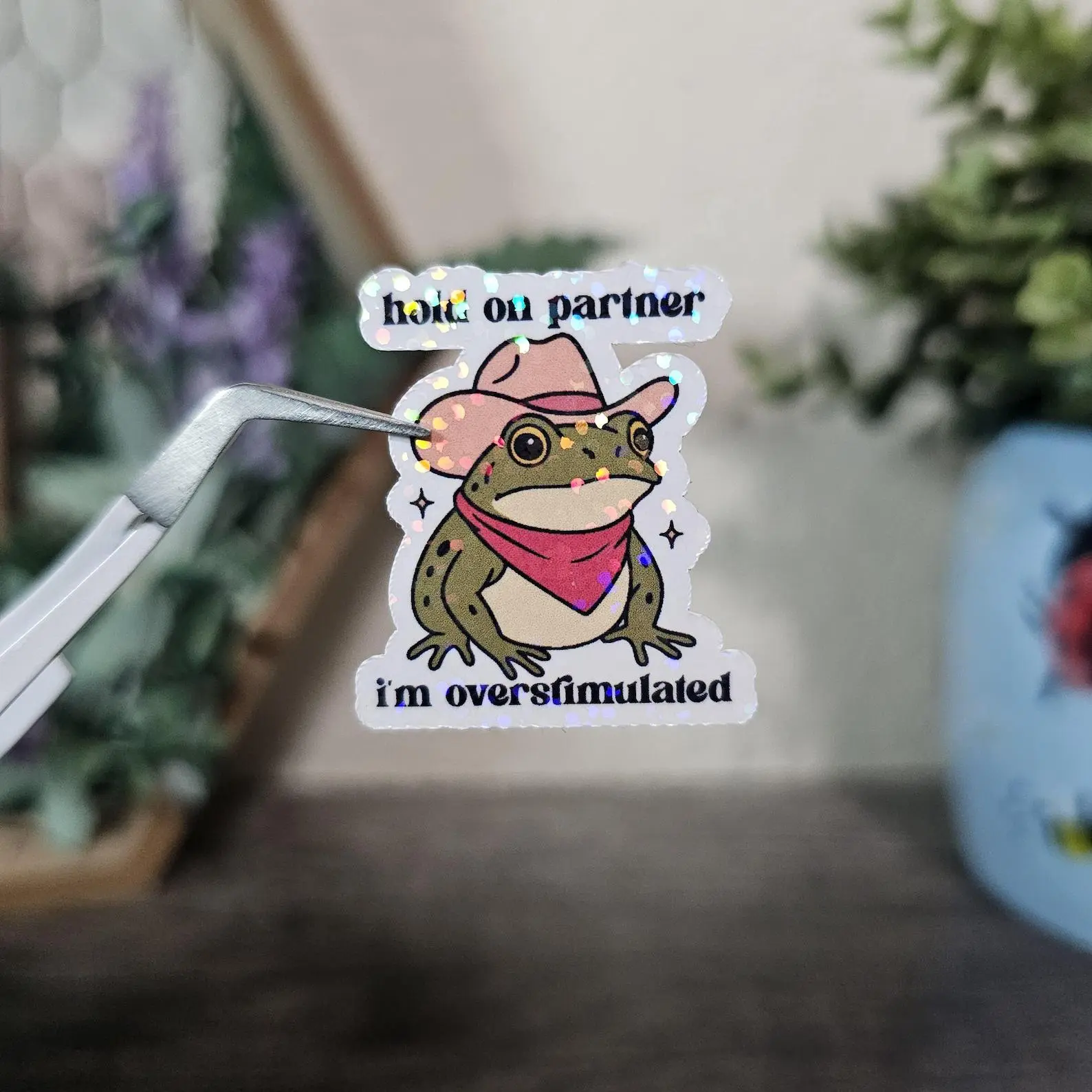 Hold On Partner I'm Overstimulated Sticker Cowboy Frog Sticker – Funny Anti-Social Meme – Cute Frog, Laptop, Water Bottle, Planner, Kindle