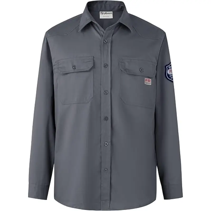 Men's 9 Oz NFPA2112 Safe Flame Resistant Cotton Button-Up Long Sleeve Welding Safety Shirt, Cost-Effective Durable Workwear Uniform with Snap Closure