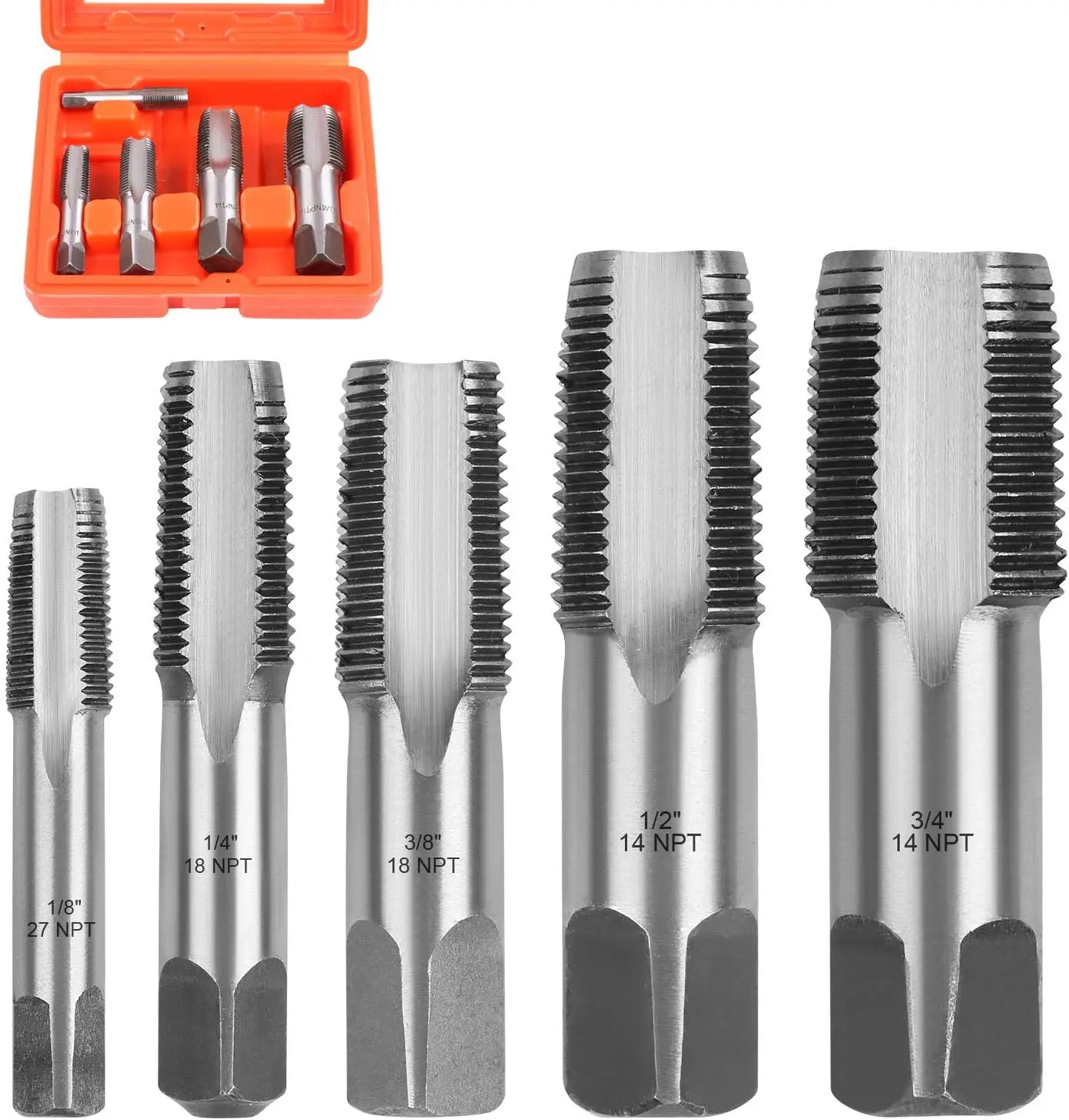 HORUSDY 5-Piece Forged NPT Pipe Tap Kit, Premium Carbon Steel Threading Tools with Heavy-Duty Storage Case, 1/8"-3/4" Tapered Taps for Plumbing Repairs, Forged Pipe Taps