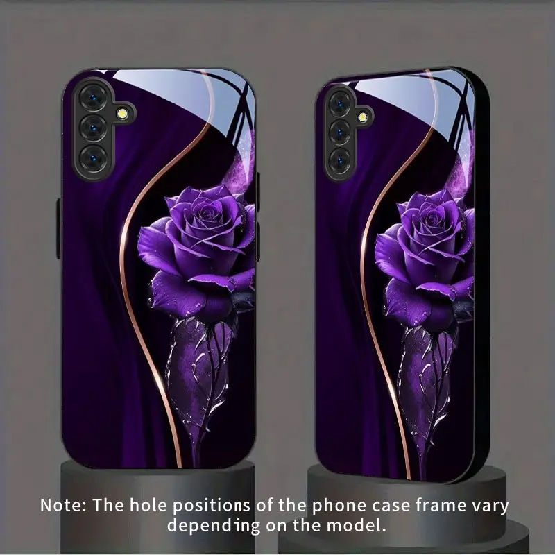 Gilded Purple Rose Dark Pattern Tempered Glass Phone Case - Black, Protection Casing for Samsung S26 S25 S24 S23 S22Pro S21 S20 Fe Plus Ultra Pro A56 A55 A54 A53 A52 A51 A36 A35 A34 A32 A26 A25 A24 A23 A16 A15 A14 A06 A05 A03s Smartphone Accessories