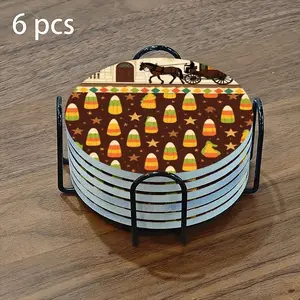 6-piece ceramic coaster set, featuring a retro Halloween theme with an autumnal carriage design. These heat-resistant, non-slip coasters come with a stand, perfect for home decor, table decorations, and beverage mats.