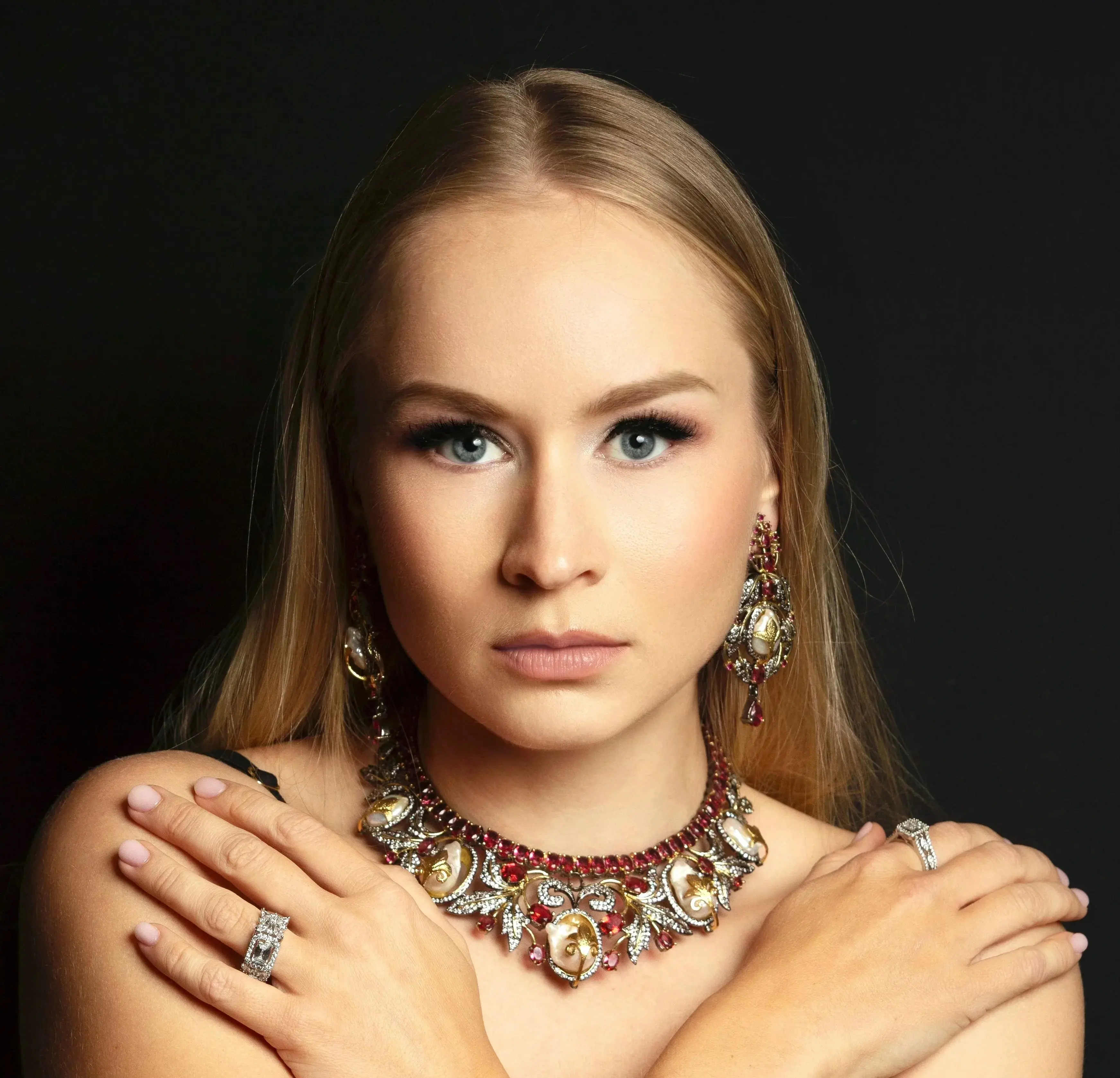 Modern fusion Baroque Pearls and Ruby Necklace and Earring set