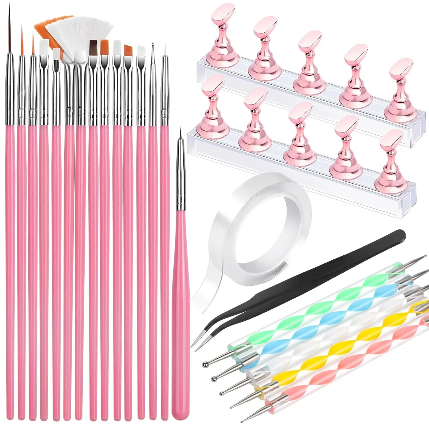 23 PCS Nail Art Tools, 15 PCS Nail Art Brushes, 5 PCS Nail Dotting Tool Set, Nail Stand for Painting Press-On Nails, Manicure Double-Sided Tape, Nail Design Kit & Tech Supplies, Manicure Accessory Set
