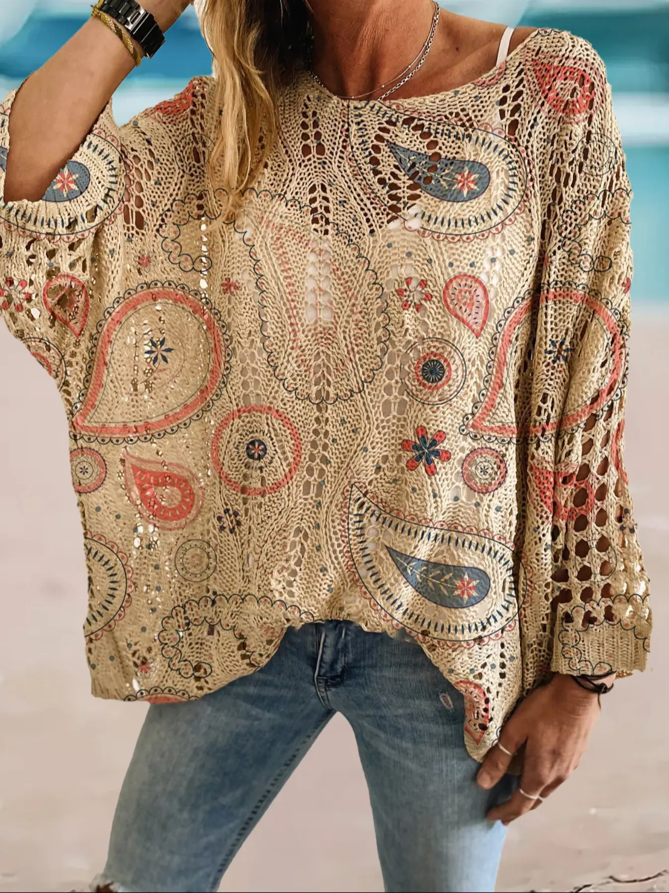 Women's Bohemian Ethnic Paisley Print Long Sleeve Knit Top, Casual Elegant Vacation Style Knitwear Sweater, Loose Batwing Shoulders, Spring Summer Fall