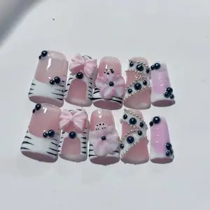 10pcs Handmade Press on Nails Short Duck Nail Supplies Clear Cute French Elegant Ol Daily Fake Nail Tips Glue-On Nails Tip for Wedding Birthday Party Christmas Winter Fall