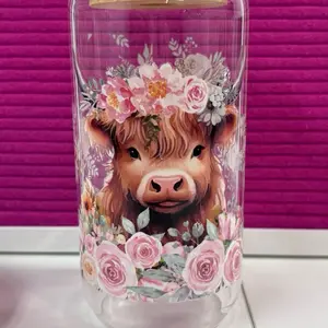 Highland Cow with Pink Flower Headband 16oz Glass Can with Bamboo Lid & Straw UV Printed High-Quality Glass Drinkware Cup