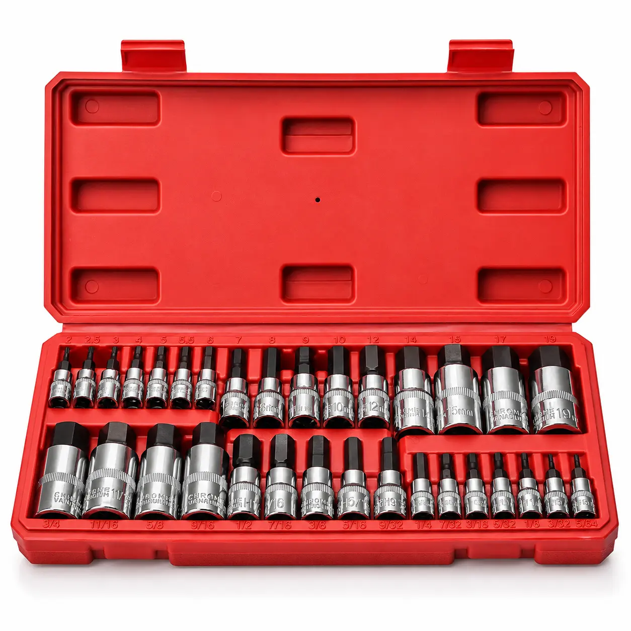 Professional-Grade 32-Piece SAE and Metric Hex Screwdriver Bit Set, Hex Socket Wrench Set, made of a composite of S2 alloy steel and chromium-vanadium steel, available in 1/4“, 3/8”, and 1/2“ sizes, with a size range covering 5/64”–3/4" and 2 mm–19 mm