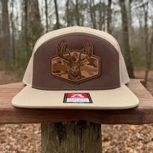 Deer Buck Hunting Leather Patch Camo Khaki Brown Black Unisex 7 Panel Flatbill Snapback Hat Classic Embroidered Design Comfortable Fit