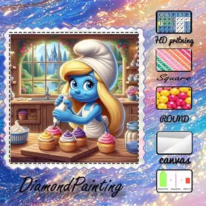 5D-DIY, premium velvet canvas, diamond art, diamond painting kit, Smurfs, cake, castle AB diamonds, fairy dust diamonds, crystal diamonds, perfect home decoration, handmade diamond art painting kit, special craft diamond art kit, Diamond Art Tools