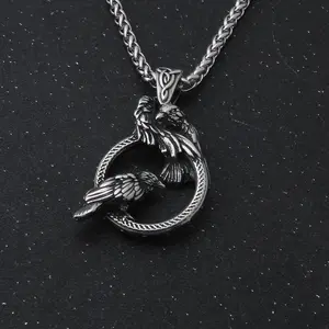 Nordic Mythology Odin Huginn And Muninn Pendant Necklace Viking Raven Necklace Stainless Steel Never Fade With Wooden Box