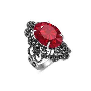 Aprilery Retro Marcasite Rings for Women Fashion Cocktail Statement Rings Costume Vintage Crystal Big Onyx Stone Rings Jewelry for Her