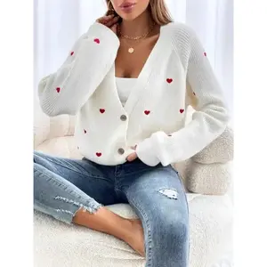 Women's Heart Print Button Front Raglan Sleeve Cardigan, Valentine's Day Casual Long Sleeve V Neck Knitwear for Spring & Fall, Cardigan for Women, Women's Knit Clothing for Daily Wear, Gifts for Her, Cardigans
