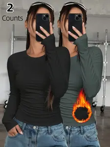 2-Pack Women's Thermal Underwear Tops, Solid Color Classic Crew Neck Long-Sleeve Base Layers for Autumn & Winter - Ideal as Running, Hiking Activewear, Comfortable Base Layer Tees Suitable for Outdoor Activities