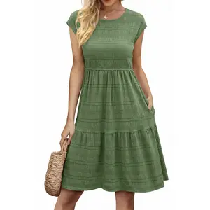 Shewin 2026 Spring/Summer Women's Casual High Waist Tiered Mini Dress - Sleeveless Oversized Fit Solid Color Dress with Insert Pockets, Textured Fabric for Daily Wear