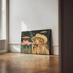 Cowgirl Cannabis Ufo Poster Print Stoner Psychedelic Wall Art Weed Dispensary Wall Decor Vintage Collage Pink Smoke Pothead Poster, Unframed, Room Decor