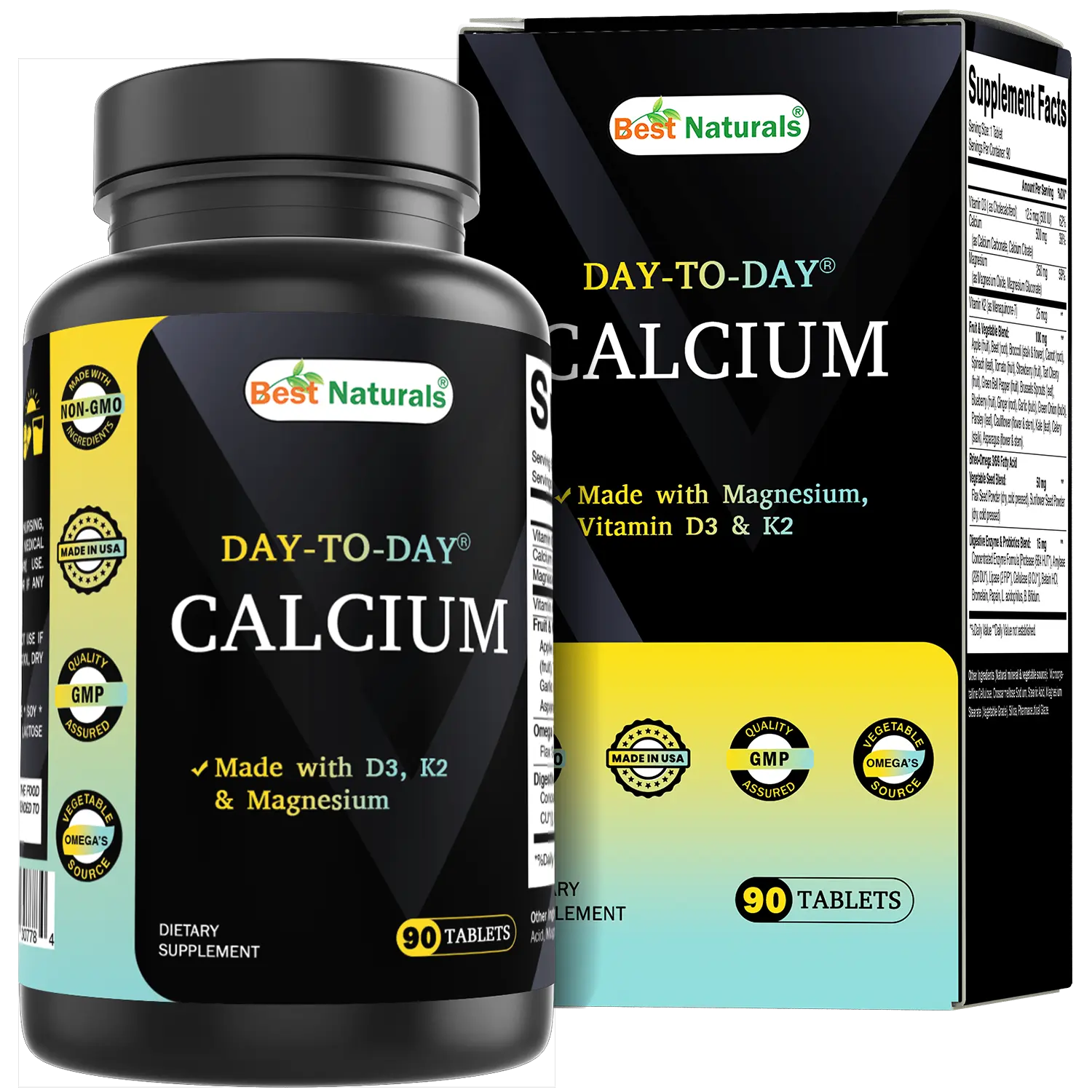 Best Naturals Day-To-Day Calcium with D3 K2 Magnesium 90 Tablets - Made with Digestive Enzyme, Probiotics, Omega Blend