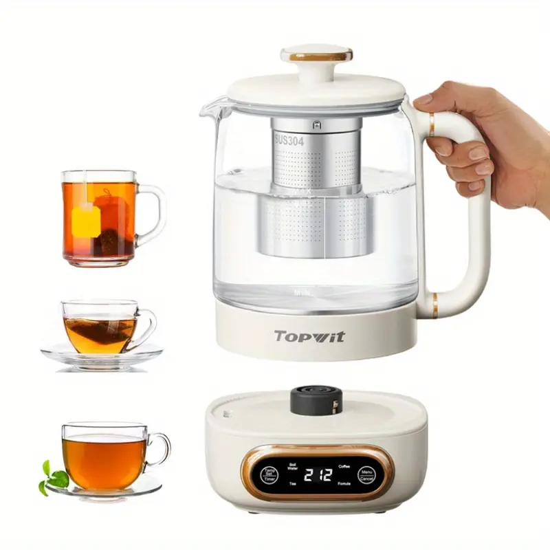 Topwit Electric Glass Kettle Thermo Pot - 0.8L, 11 Temperature Select Controls, 4 Presets, Removable Infuser, 8H Automatic Keep Warm, Boil-Dry Protect, Beige Heater, Brew Visibility - Kitchen Appliance for Coffee Lovers, Hot Tea Machines