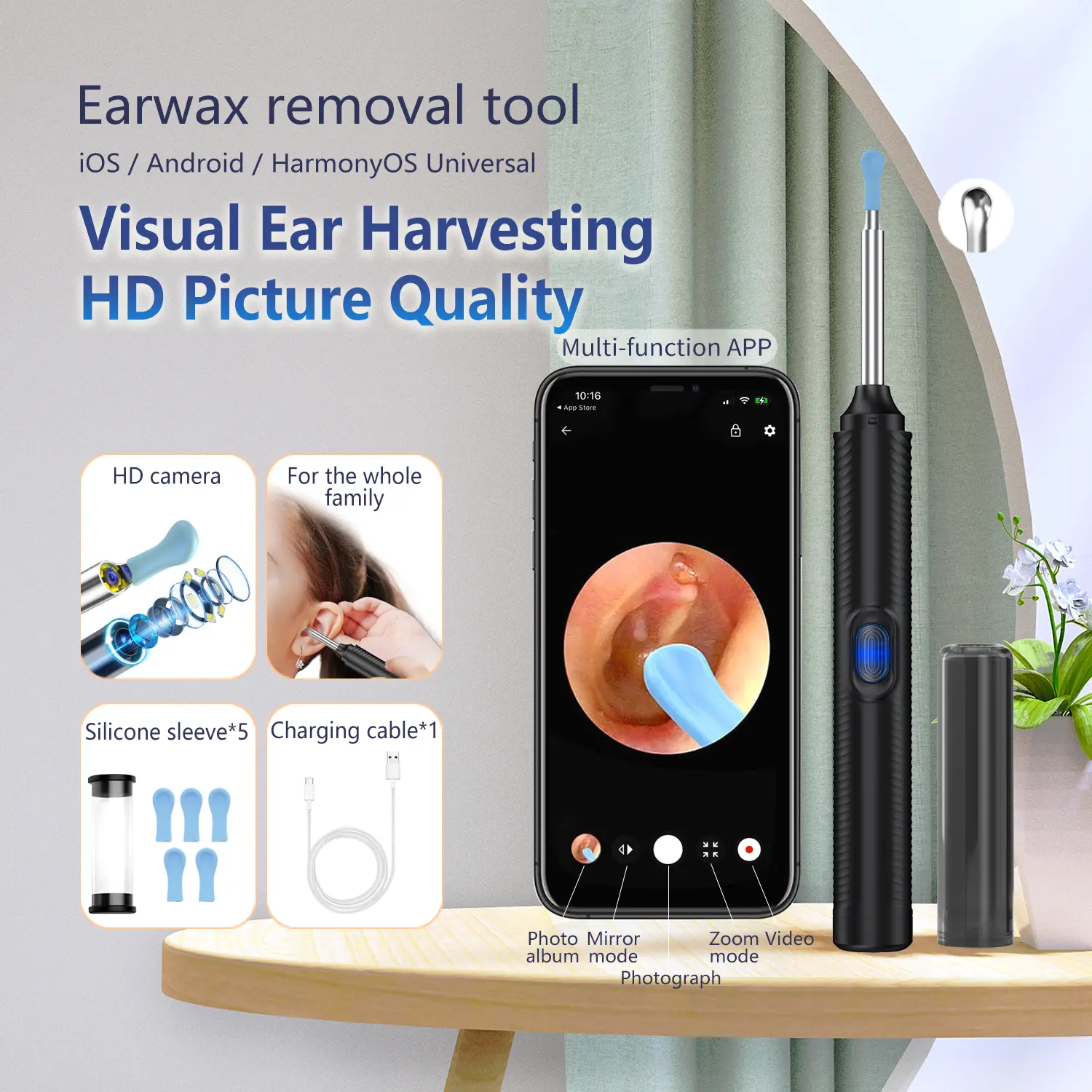 Rechargeable Earwax Removal Tool Kit with 360 °   Wide Angle Camera - Waterproof, Type-C Charging, Portable Ear Cleaning Tool with 5 Accessories for iPhone and Android Phones Green-B pressure setting Gentle Silicone clearer White eardrum earwaxremovaltool