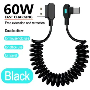 90 Degree Bend Head 60w USB to Type-C Fast Charging Car Spring Data Cable, Retractable for Huawei Xiaomi Honor Cellphone, Durable Design