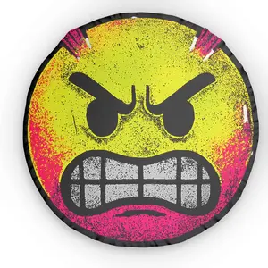 Angry Emoji Round Pillow — Grunge Smiley Face Decorative Cushion