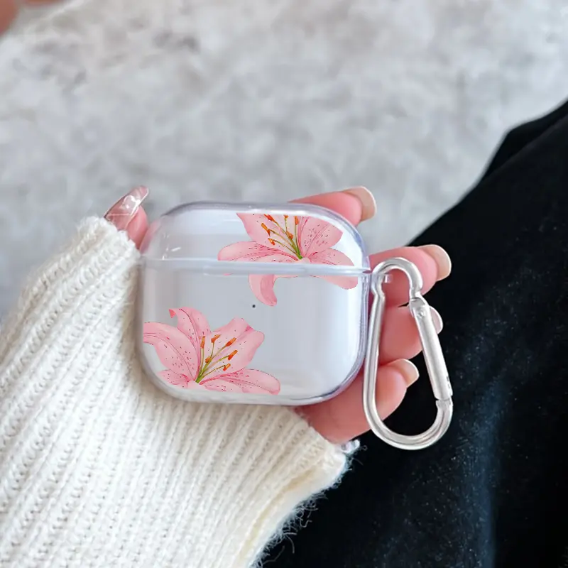 Smooth TPU Soft Unisex AirPods Case - Minimalist Retro Floral Lily Pattern, Comfy Touch Protective Cover with Keychain Clip, Transparent Audio Accessory for AirPods 1/2/3/4/Pro/Pro2