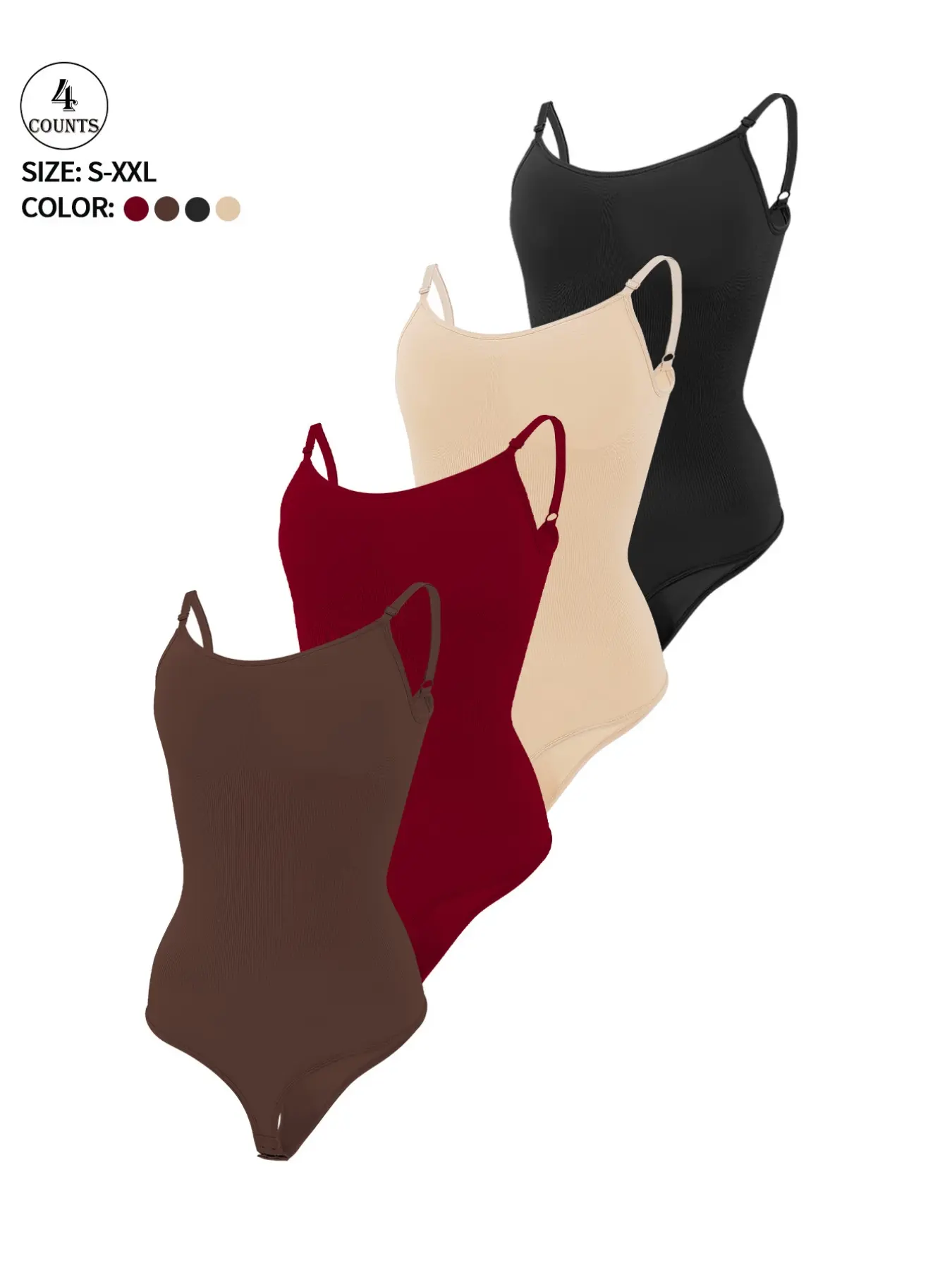 4 Pack Solid Color High Stretch Body Shaping Shapewear Women's Shapewear Breastless Adjustable Suspender Thong Crotch Breast Daily Casual Sexy Sports One-Piece Suspender Versatile Underwear Women's Shapewear Bodysuit Minimalist Womenswear