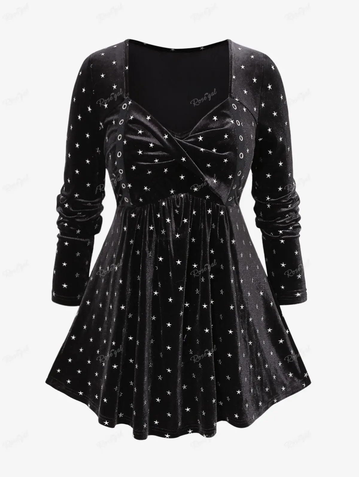 Rgothic Women's Plus Size Gothic Pentagram Print Polyester Velvet Long Sleeve Casual T-Shirt with Ruched Twist Front, Grommet Detail, Fabric, Fit