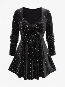 Rgothic Women's Velvet Polka Dot Ruched Plus Size Pentagram Print Twist Grommet Long Sleeves T-shirt Winter Slim Fit Cute Basic Y2k Fall Fashion Ruched Clothes Gothic Top Baggy Clothing