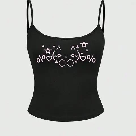 Women's Y2K Pink Kawaii Emoji Print Sleeveless Cropped Cami, Slim-fit Thin-strap Spaghetti Strap Tank Top, Crop Tank Tops, Perfect for Casual Party Looks, Daily Wear & Street Style
