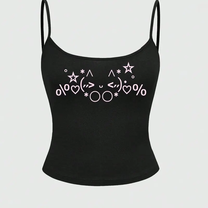 Women's Y2K Pink Kawaii Emoji Print Sleeveless Cropped Cami, Slim-fit Thin-strap Spaghetti Strap Tank Top, Crop Tank Tops, Perfect for Casual Party Looks, Daily Wear & Street Style