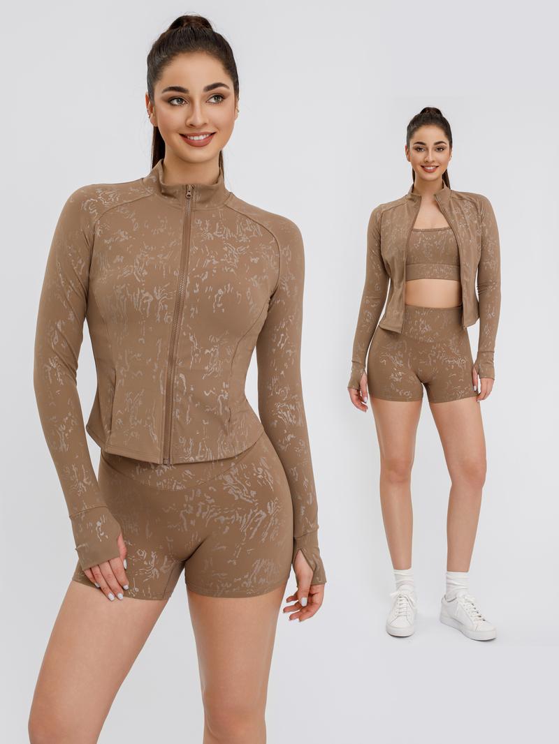 S&W Women's Yoga 3-Piece Set - Biker Short, Tank Top, Jacket with Zipper - Tie-Dye in Apricot Blue & Black - High-Rise Collar, 4-Way Stretch