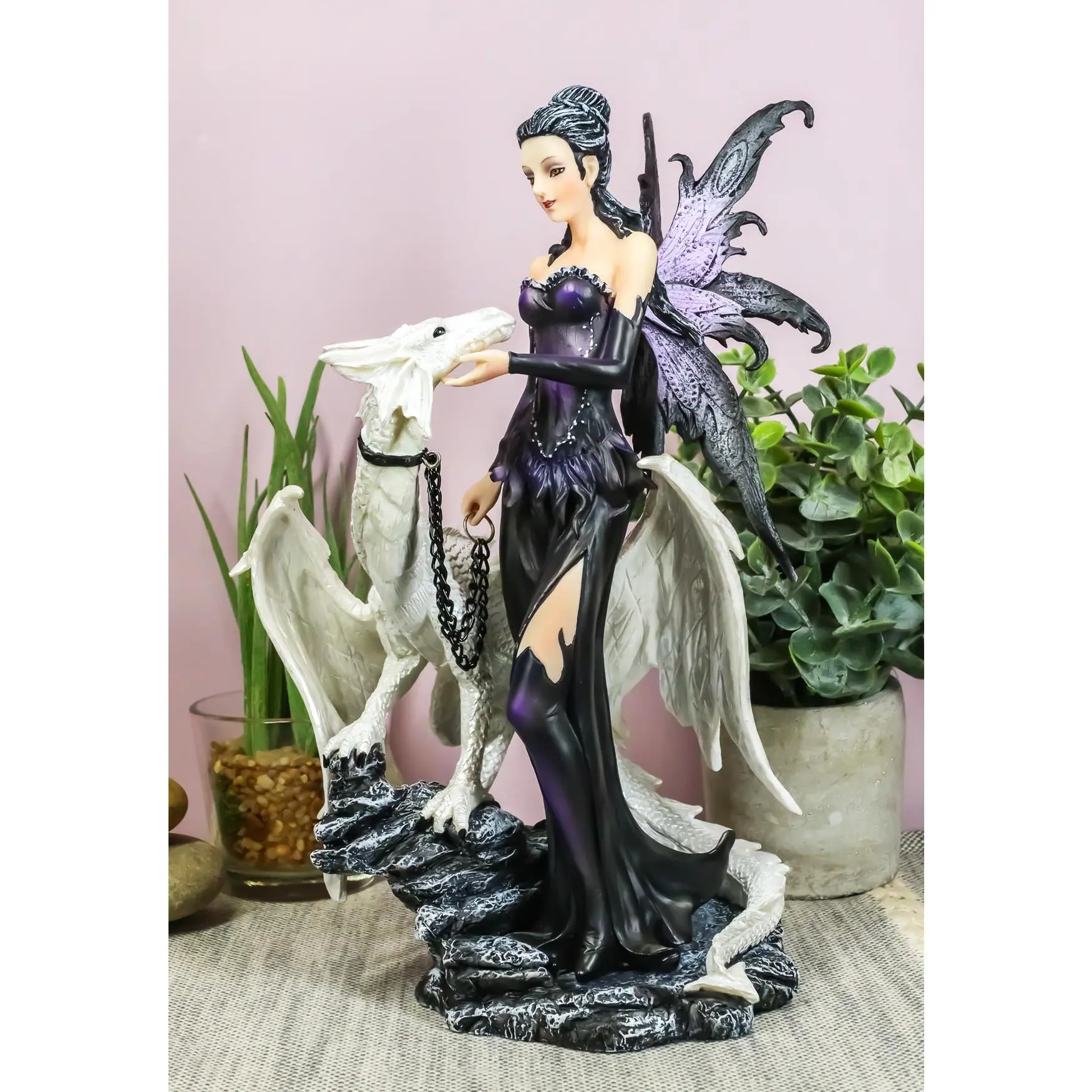 Gothic Khaleesi Fairy With Arctic White Dragon Statue 9.5"H Dungeons Dragons Art