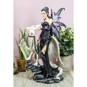 Gothic Khaleesi Fairy With Arctic White Dragon Statue 9.5"H Dungeons Dragons Art