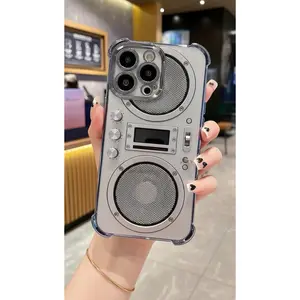 Silver gray trendy phone | Used mechanical style radio phone case suitable for iPhone 17/16/15/14/13/12/11 ProMax transparent airbag anti drop retro sound design protective case with high aesthetic value