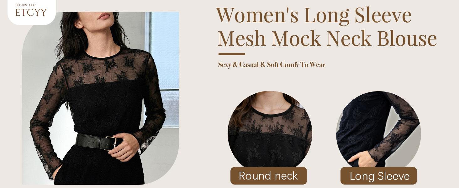 ETCYY Women's Elegant Floral Lace Patchwork Long Sleeve Top | Sexy Sheer Mesh Ribbed Knit Slim Fit Tee | Y2K Chic Party Streetwear,Sheer Lace Crew Neck Blouse,Floral Sheer Mesh Top