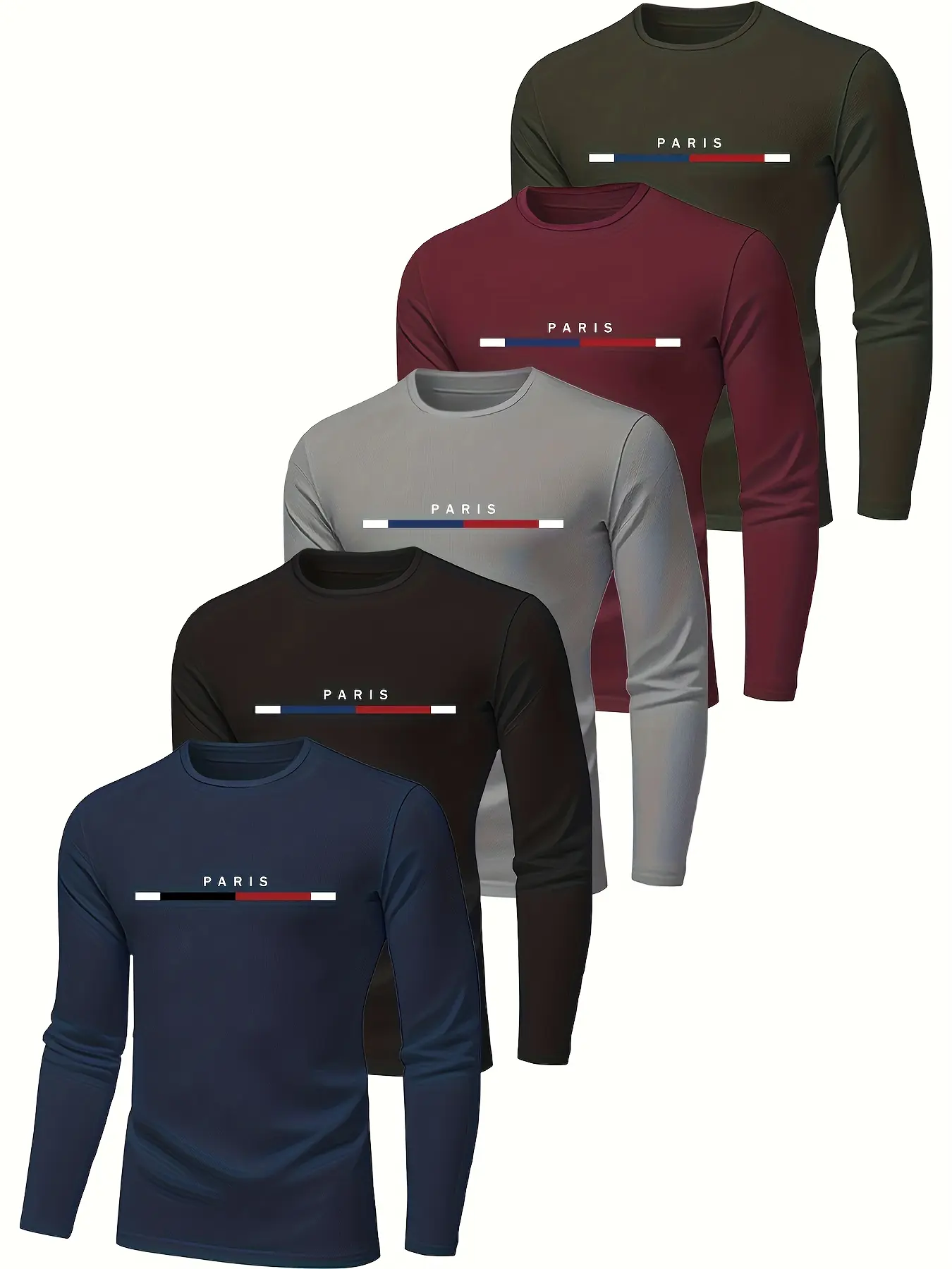Men's Long Sleeve T-Shirt Set, Crewneck, Tops, Breathable Polyester Fabric, Casual Streetwear Paris Print Geometric Design, Regular Fit, Suitable for All Seasons