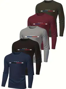 Men's Long Sleeve T-Shirt Set, Breathable Polyester Fabric, Paris Print Design, Regular Fit, Suitable for All Seasons